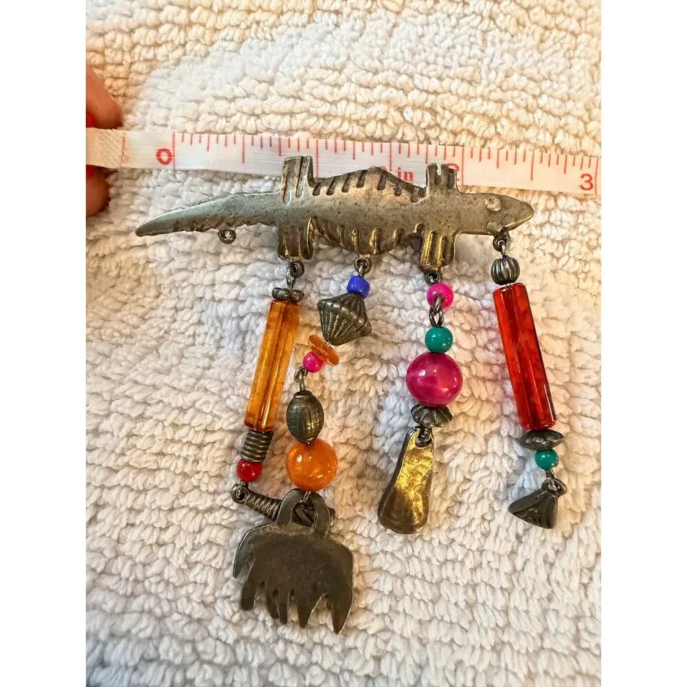 Vintage Southwest Lizard Gecko Brooch Dangle Beads Pewter Tone Artisan Pin